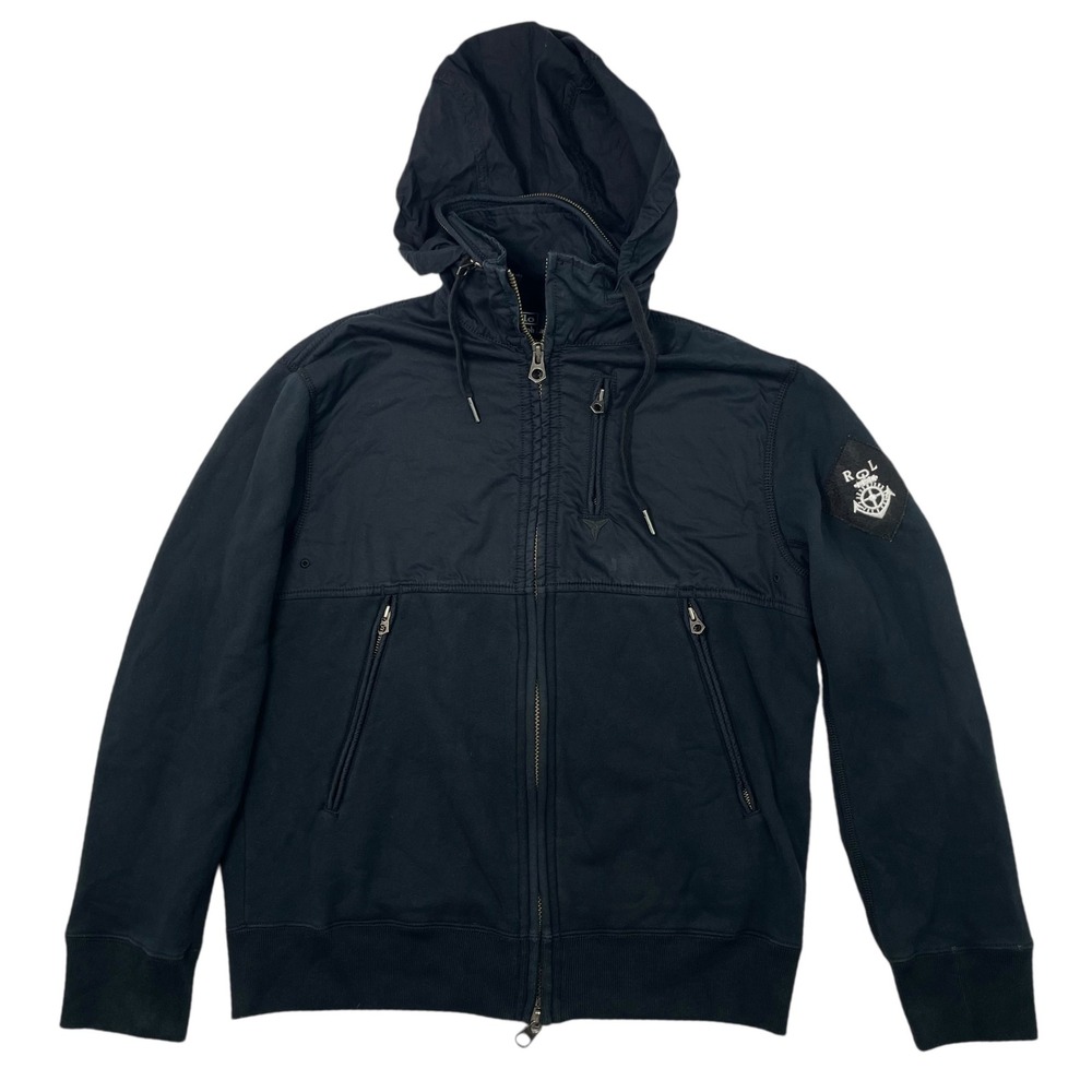 VTG Polo Ralph Lauren Men's Fleece Zip Jacket Black Optional Hood‎ Nautical M